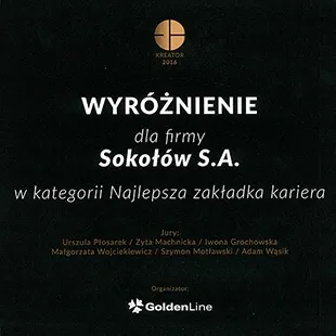 WYRÓŻNIENIE DLA FIRMY SOKOŁÓW S.A. – KREATOR 2016