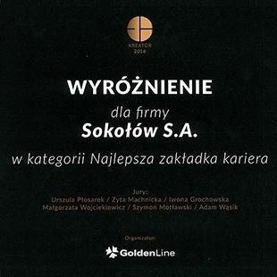 WYRÓŻNIENIE DLA FIRMY SOKOŁÓW S.A. – KREATOR 2016